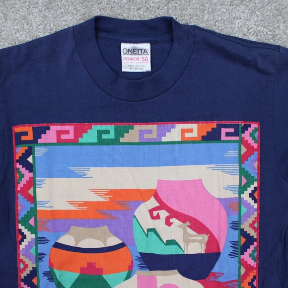 Vintage Oneita Power/50 Shirt Mens Medium Blue Aztec Southwest Tribal S/S - Picture 5 of 13